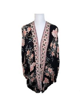 Billabong Floral Kimono Black/Pink Floral Open Front Cardigan Women's S/M